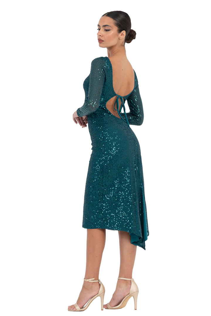 Sequinned Dress With Keyhole Tie Back & Long Sleeves