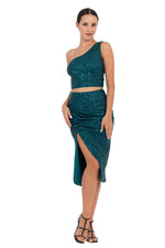 Load image into Gallery viewer, Sequinned Ruched Midi Skirt With Slit