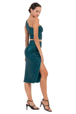 Load image into Gallery viewer, Sequinned Ruched Midi Skirt With Slit