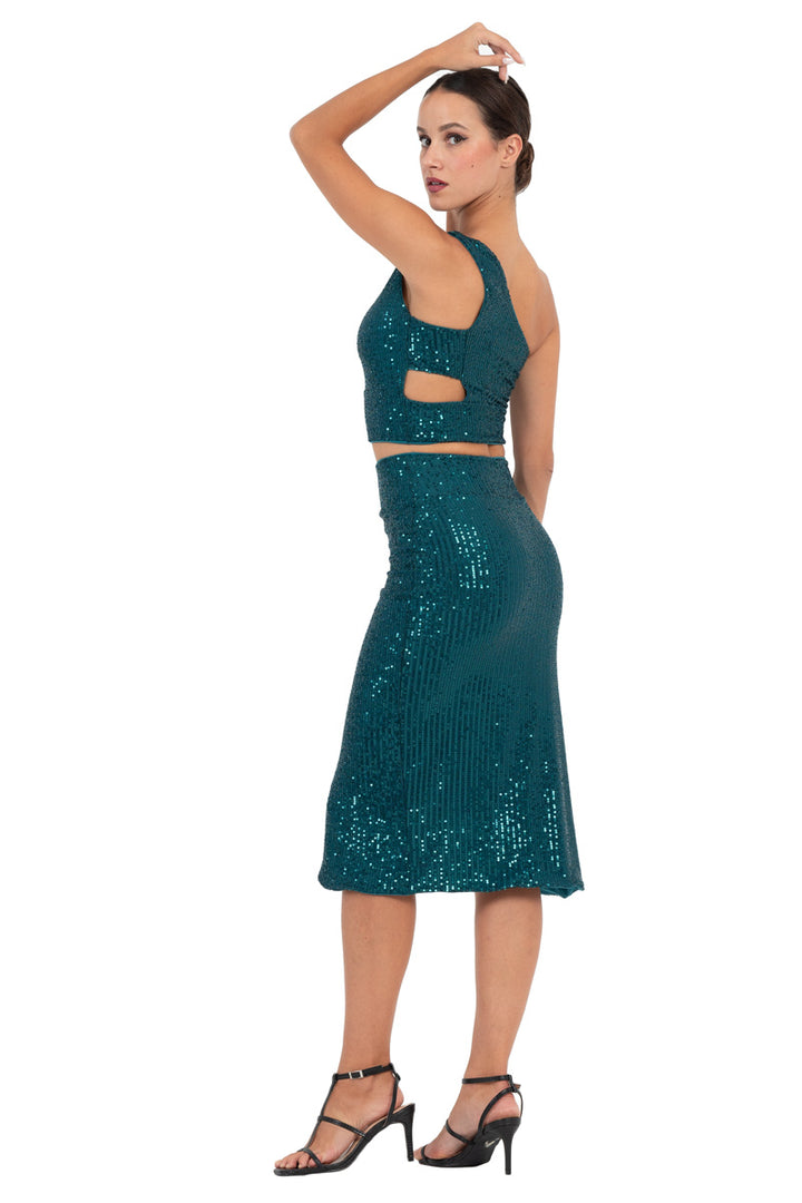Sequinned Ruched Midi Skirt With Slit