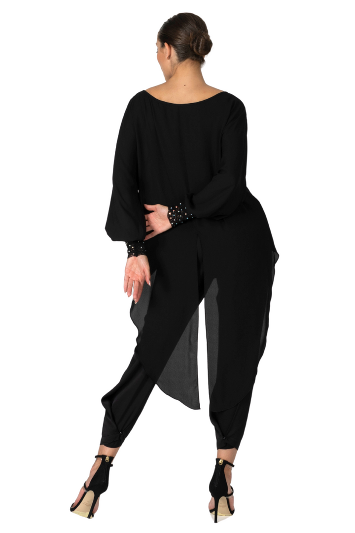 Black Georgette Long Tail Top With Lace Details