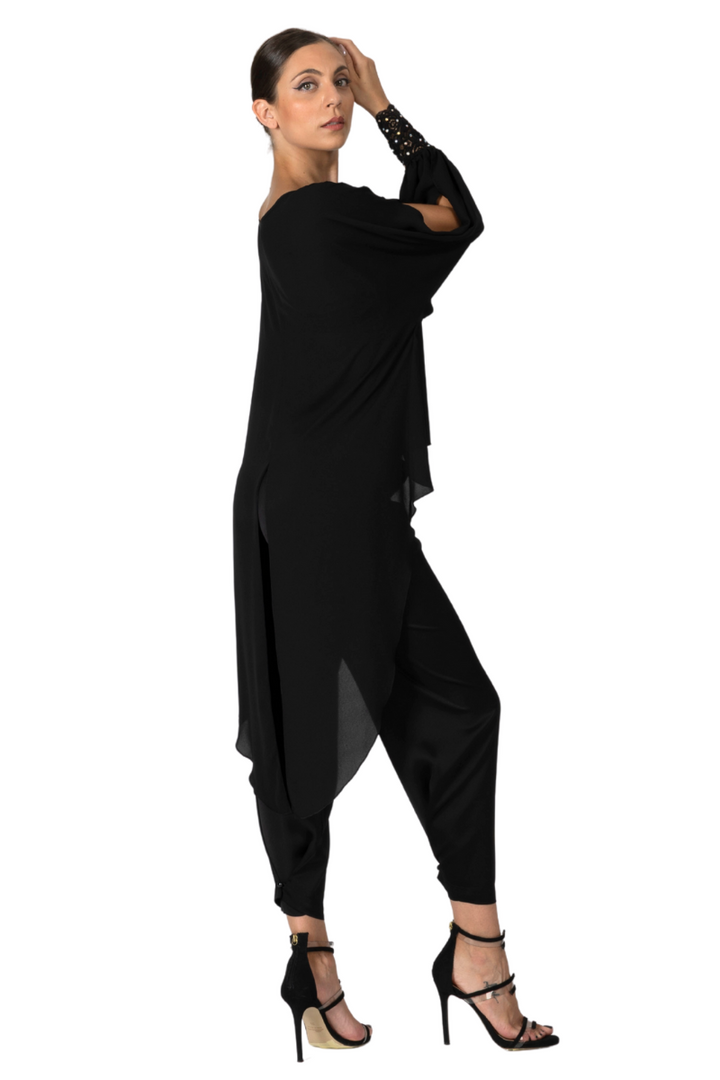 Black Georgette Long Tail Top With Lace Details