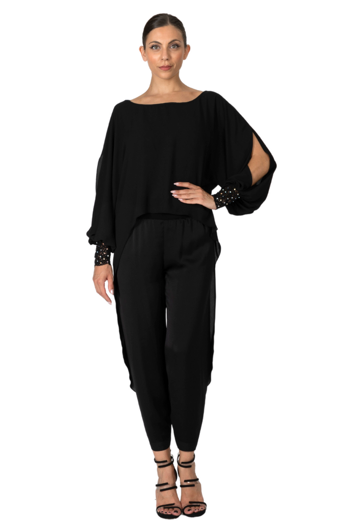Black Georgette Long Tail Top With Lace Details