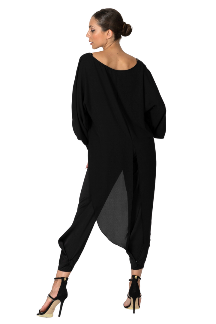 Black Georgette Long Tail Top With Lace Details