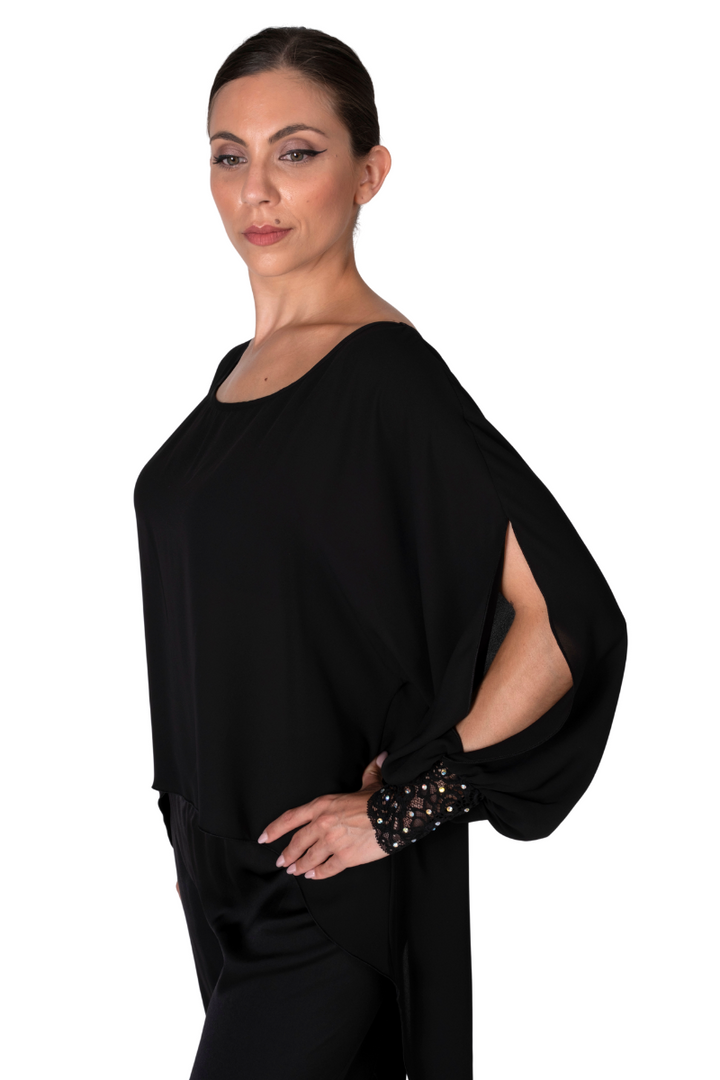 Black Georgette Long Tail Top With Lace Details