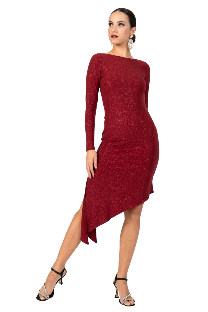 Shimmering Open Back Long Sleeve Asymmetric Dress