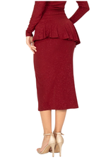 Load image into Gallery viewer, Red peplum top and pencil skirt with beige high heels on a white background