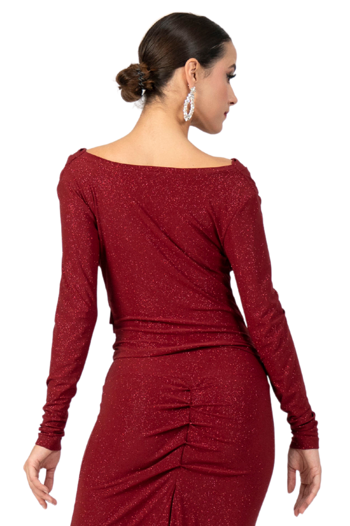 Shimmering Draped Neckline Long Sleeve Top
