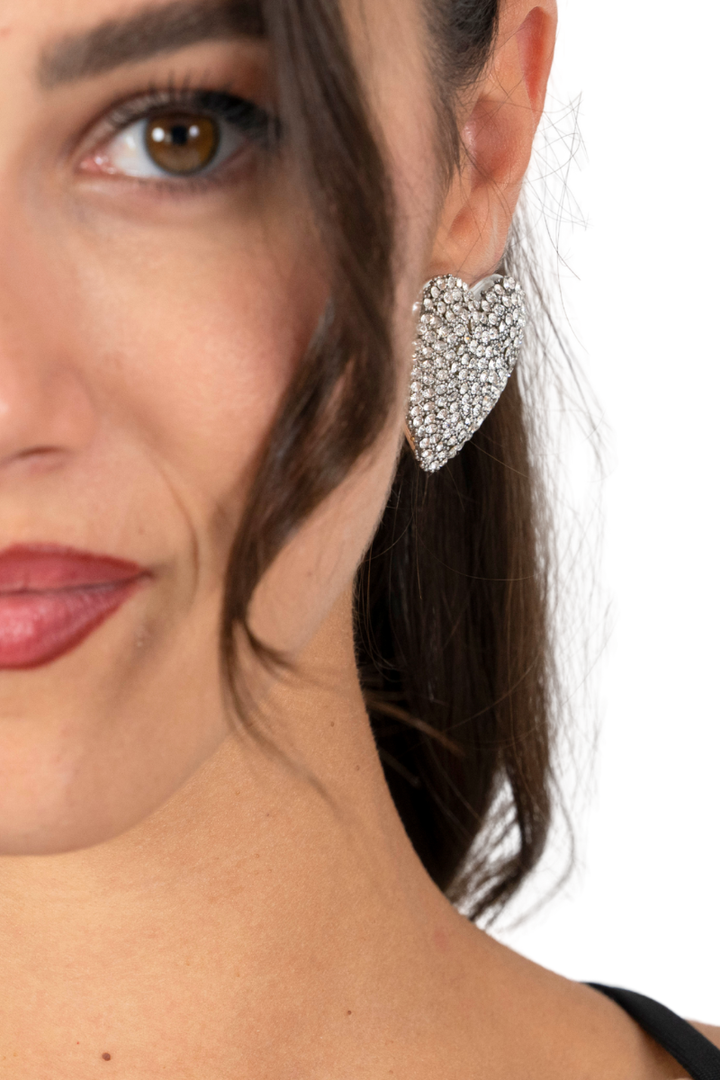 Silver Sparkling Oversized Heart Stud Earrings