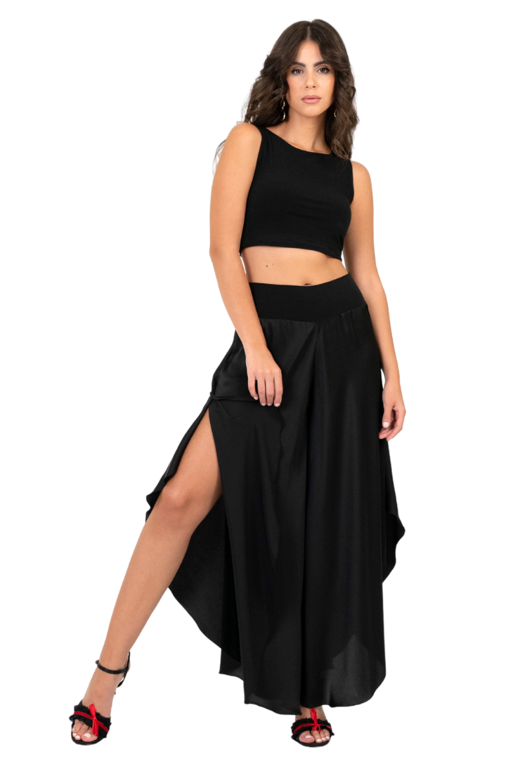 Skirt Style Flowy Wide-Leg Satin Dance Pants