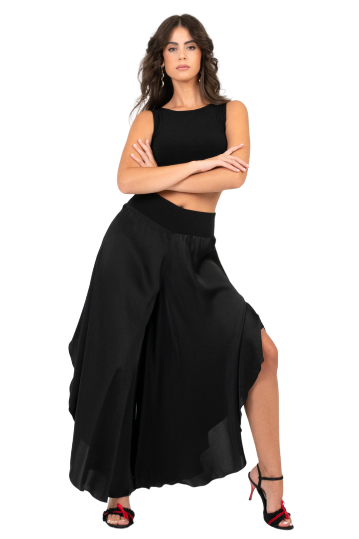 Skirt Style Flowy Wide-Leg Satin Dance Pants