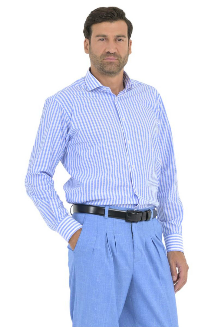 Sky Blue Striped Men's Shirt With Oval print