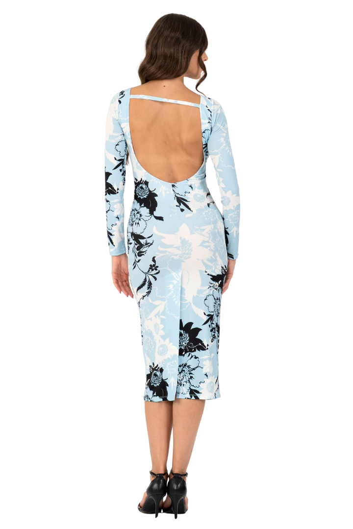 Sky Floral Print Tango Dress With Open Back