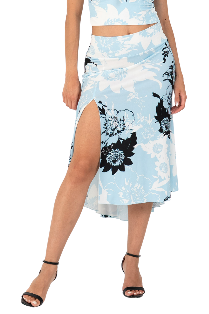 Sky Floral Print Tango Skirt With Right Slit
