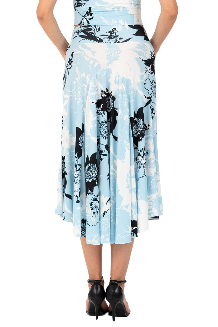 Sky Floral Print Tango Skirt With Right Slit