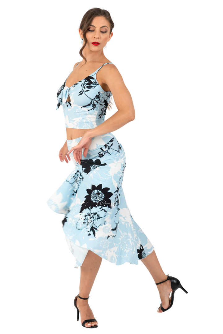 Sky Floral Print Crop Top With Adjustable Front Knot