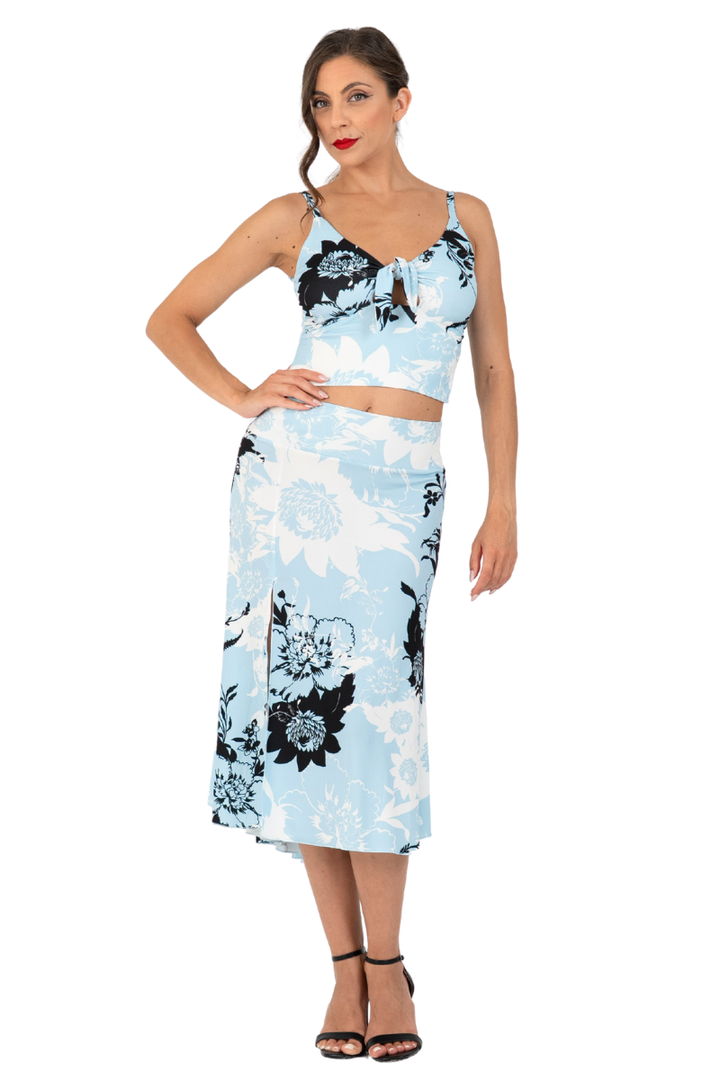 Sky Floral Print Crop Top With Adjustable Front Knot