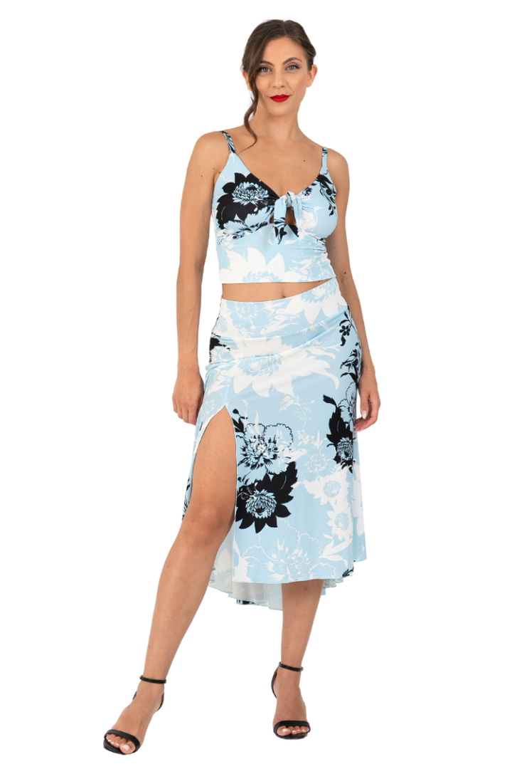 Sky Floral Print Crop Top With Adjustable Front Knot