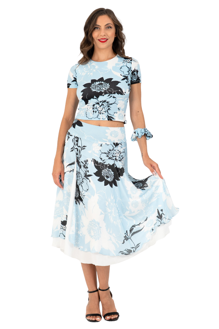 Sky Floral Print Two-layer Skirt