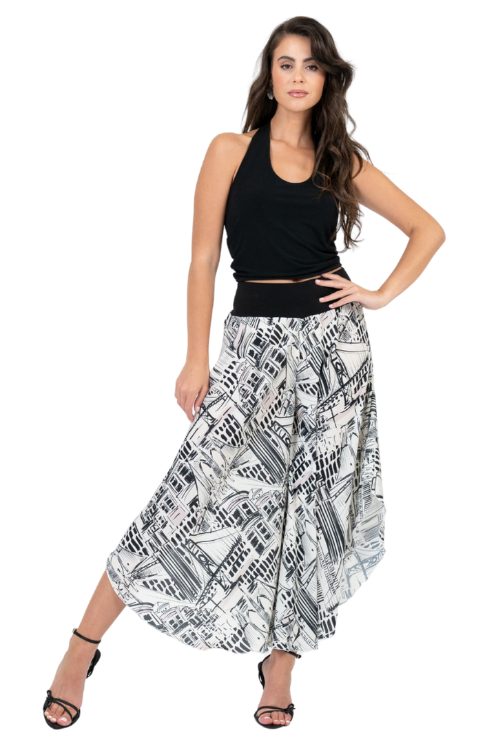 Skyline Print Skirt Style Flowy Dance Pants