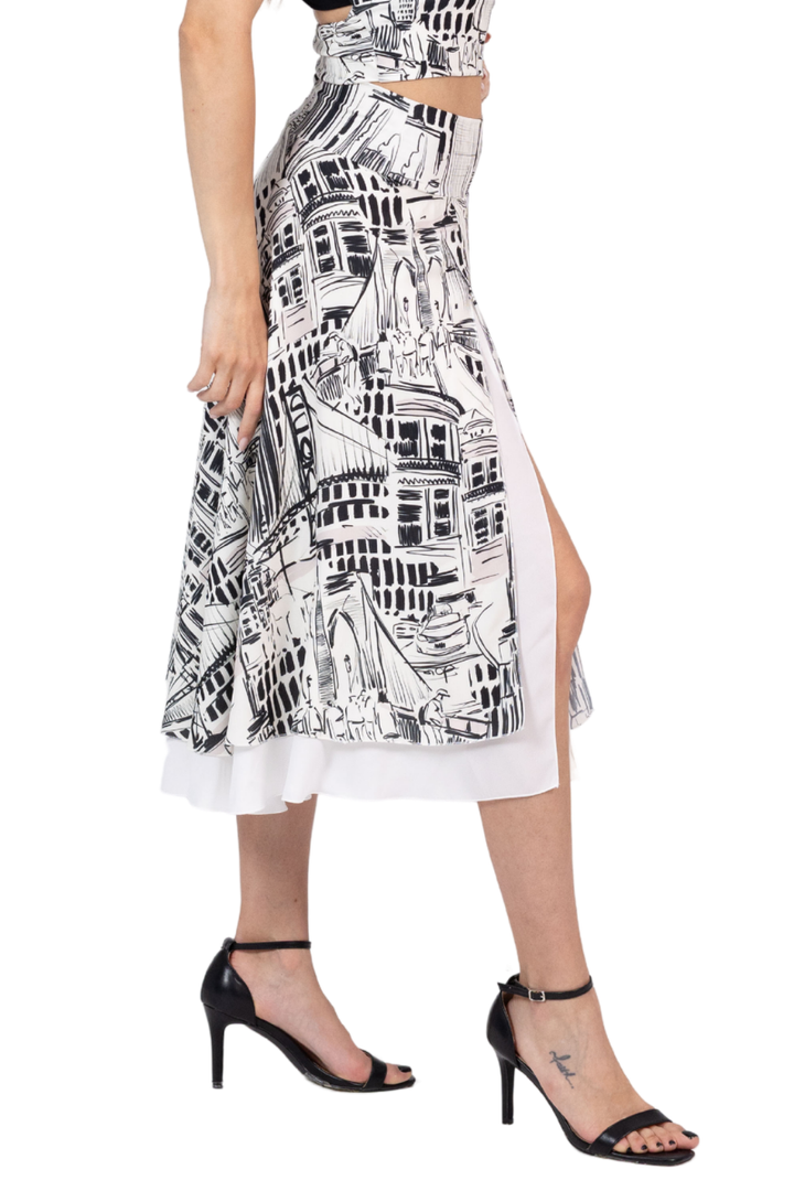 Skyline Print Two-layer Georgette Skirt