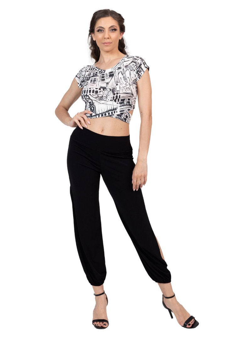 Skyline Print Waist Tie Crop Top