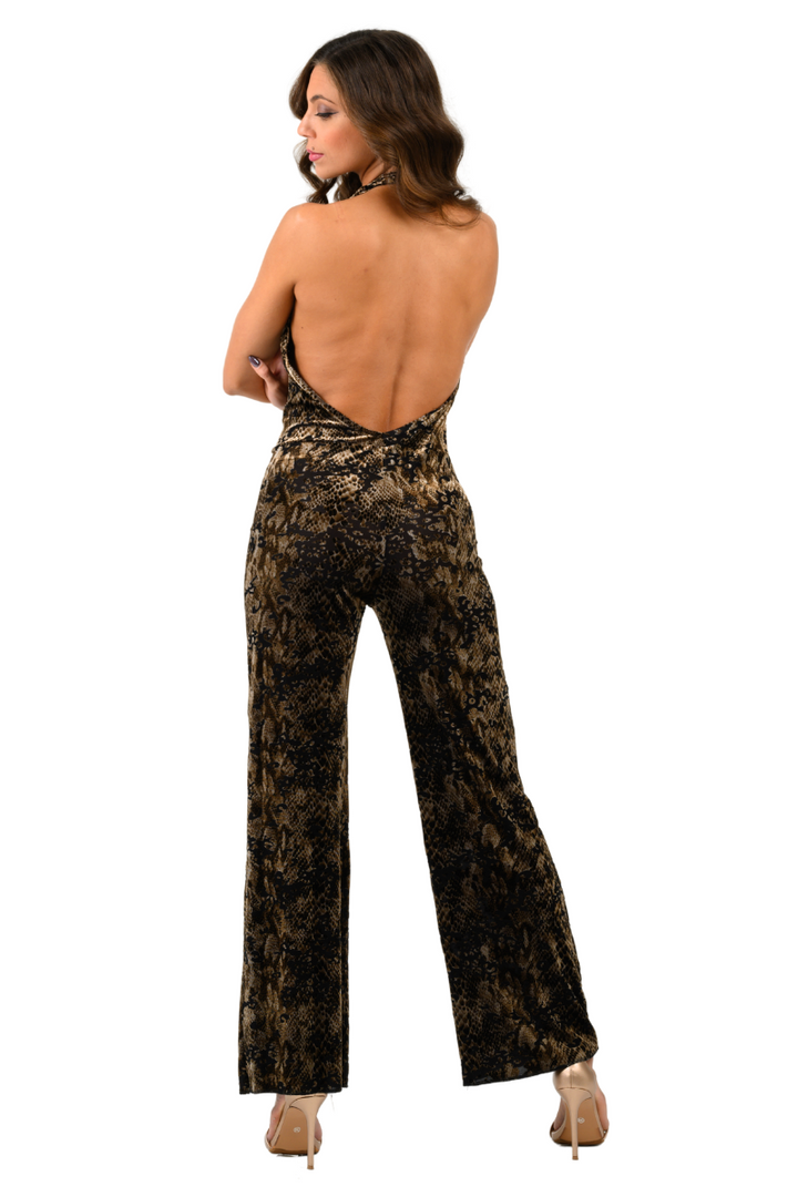 Snake Print Velvet Devoré Wide Leg Jumpsuit