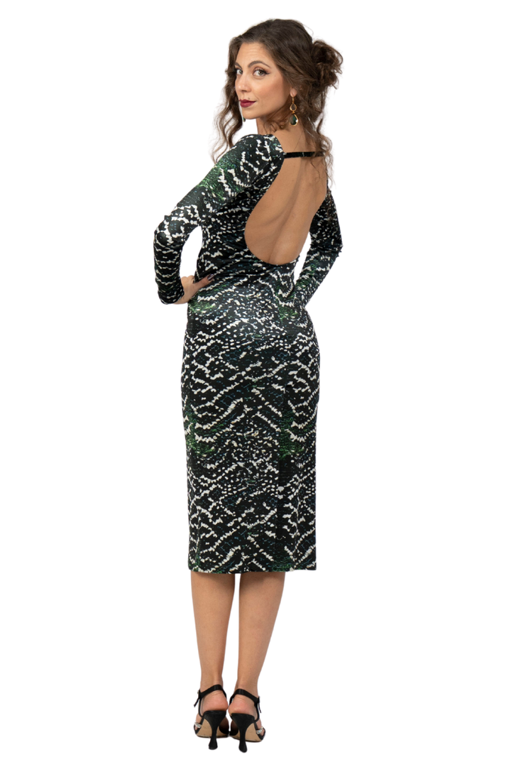 Snake Print Long Sleeve Backless Velvet Bodycon Dress
