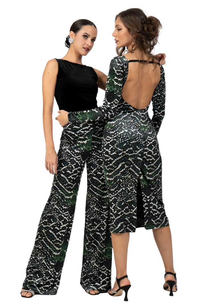 Snake Print Long Sleeve Backless Velvet Bodycon Dress