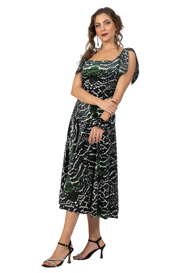 Snake Print Ruffled Velvet Dress With Decorative Bow Details