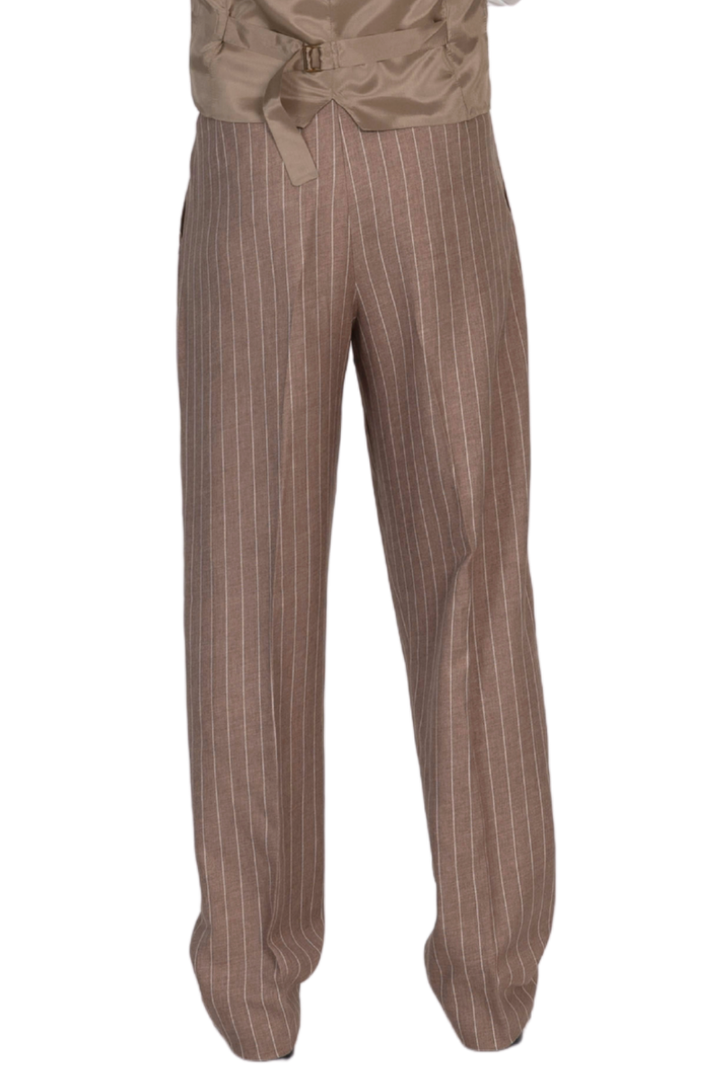 Soft Brown Striped Men's Tango Pants With Three Pleats