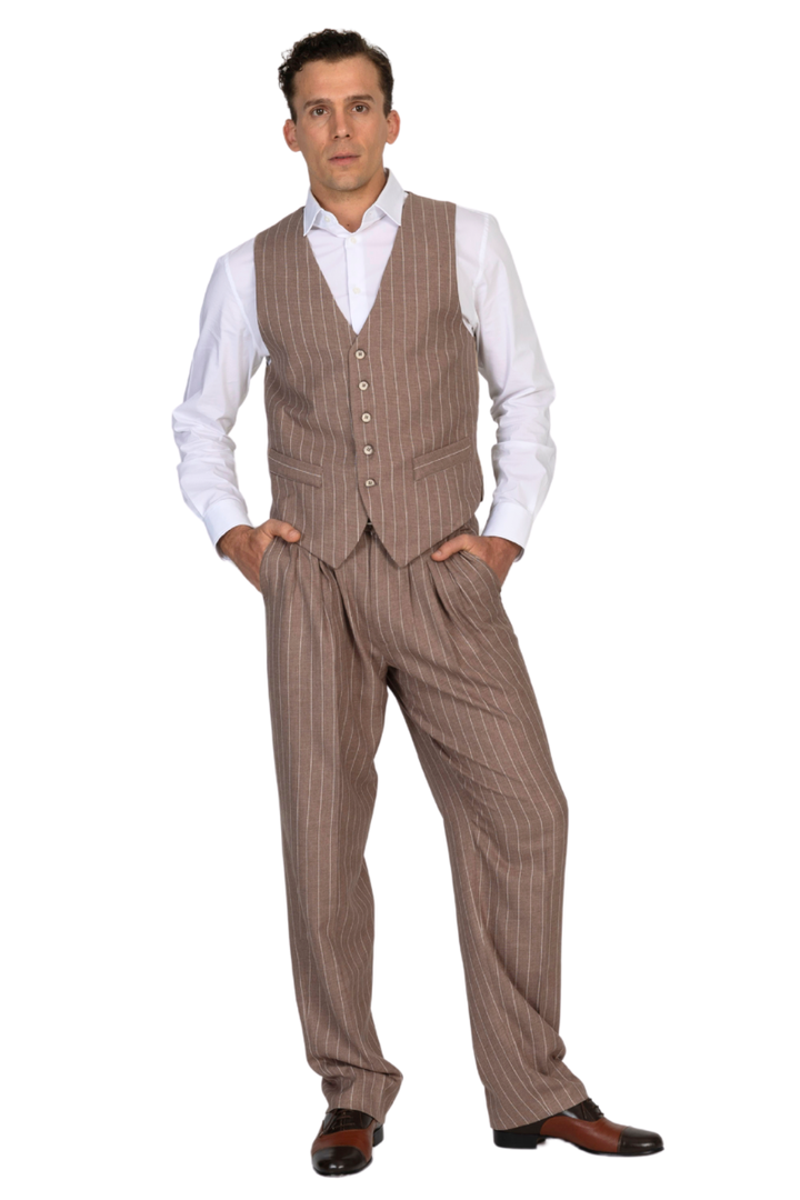 Soft Brown Striped Men's Tango Pants With Three Pleats