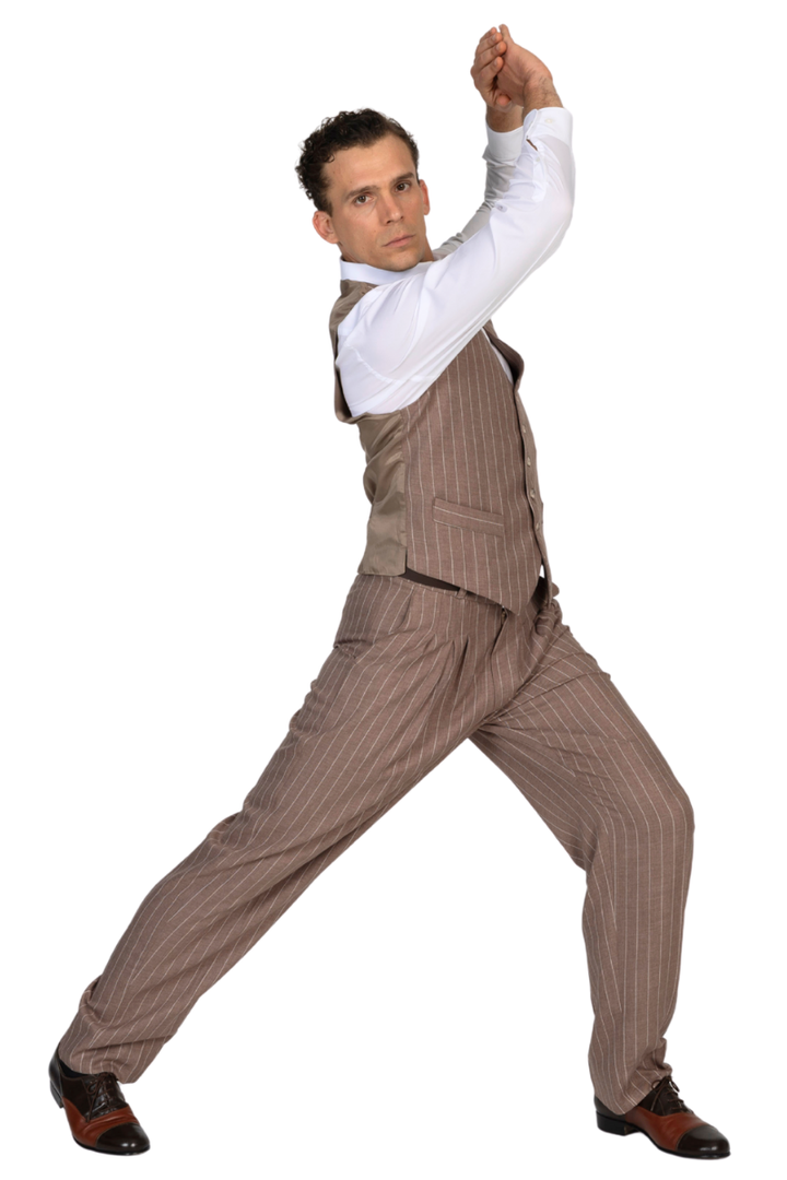Soft Brown Striped Men's Tango Pants With Three Pleats