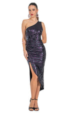 Load image into Gallery viewer, Sparkling Eggplant Animal Print Tango Skirt With Curved Front Slit
