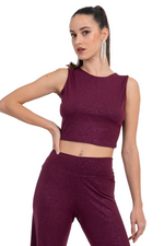 Load image into Gallery viewer, Sparkling Eggplant Crop Top With Draped Overlap Back
