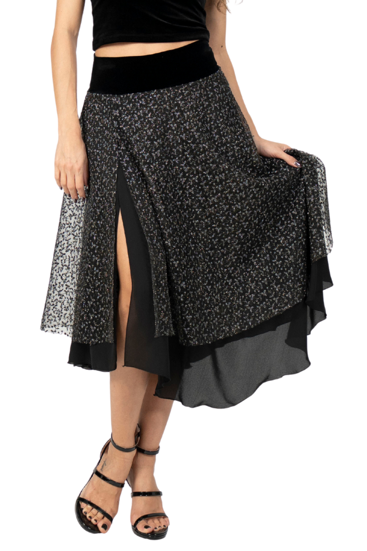 Sparkling Leaf-Print Two-layer Dance Skirt