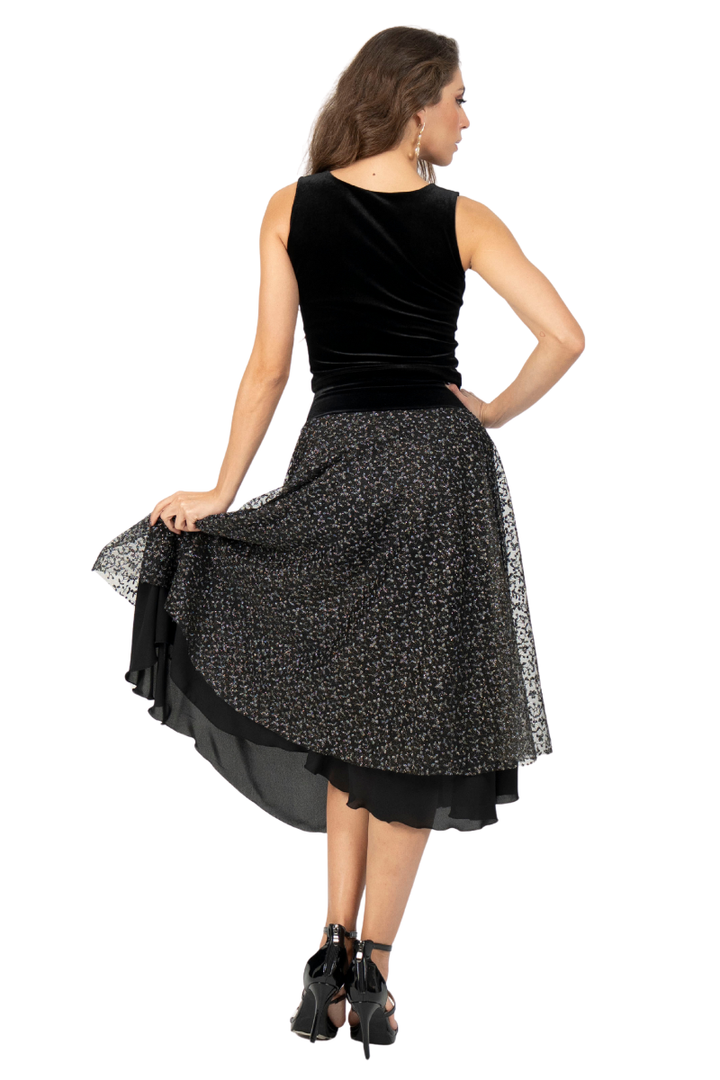 Sparkling Leaf-Print Two-layer Dance Skirt