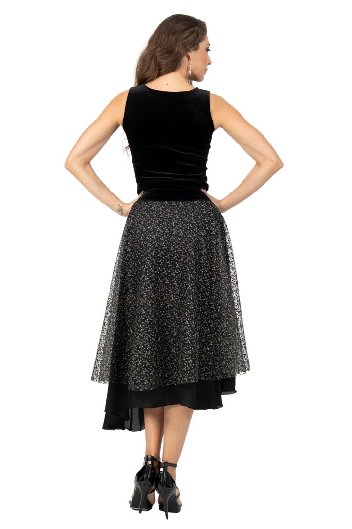 Sparkling Leaf-Print Two-layer Dance Skirt