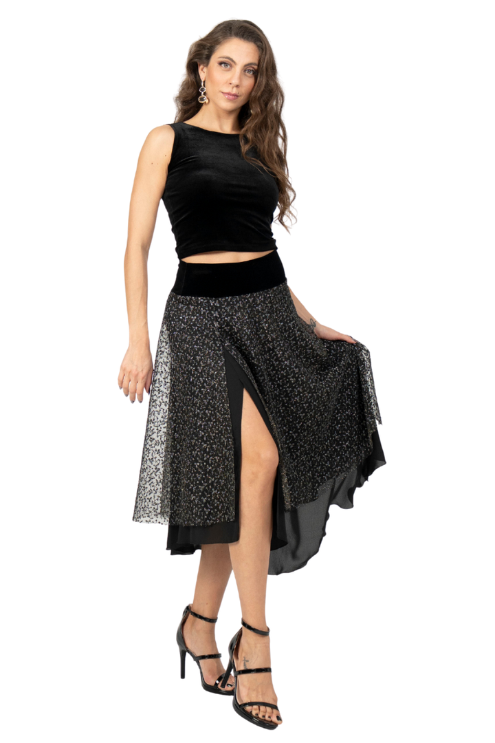 Sparkling Leaf-Print Two-layer Dance Skirt