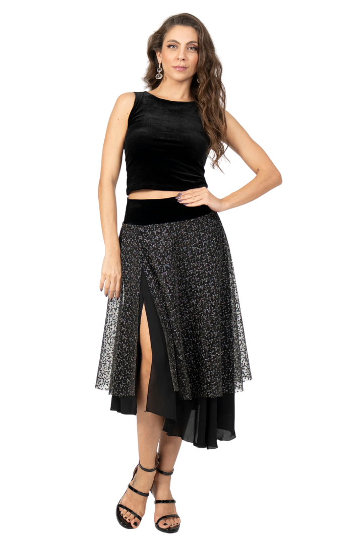 Sparkling Leaf-Print Two-layer Dance Skirt