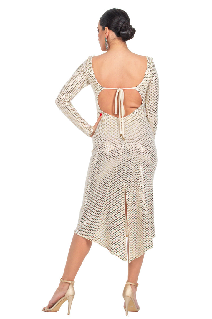 Sparkling Metallic Long Sleeve Dress With Keyhole Tie Back