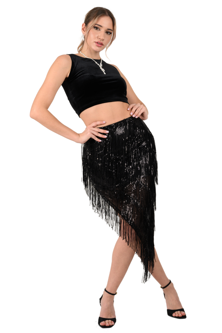 Black Sparkling Sequin Fringe Asymmetric Tango Skirt