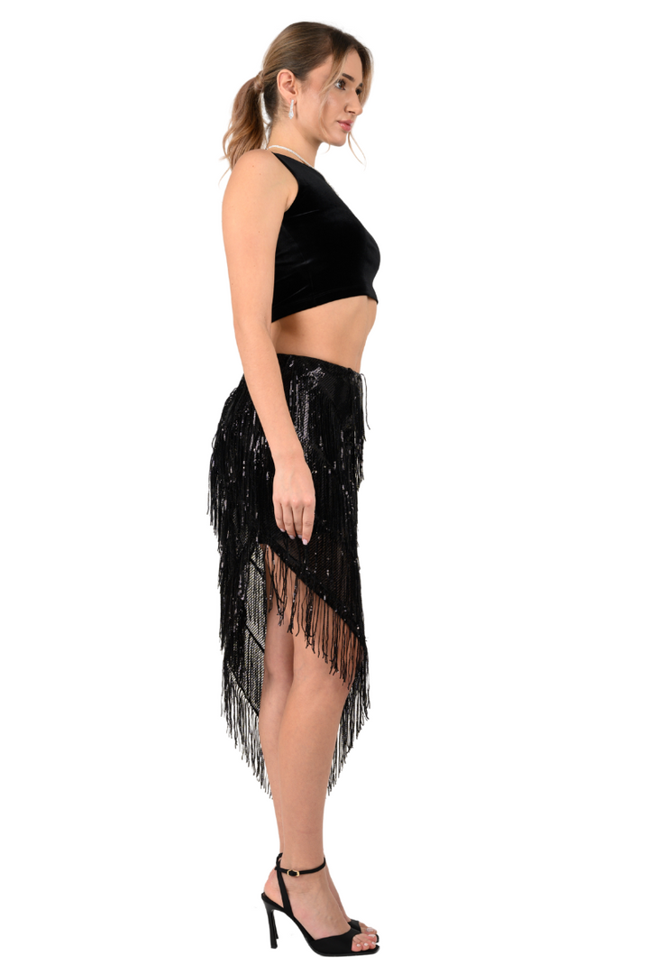 Black Sparkling Sequin Fringe Asymmetric Tango Skirt