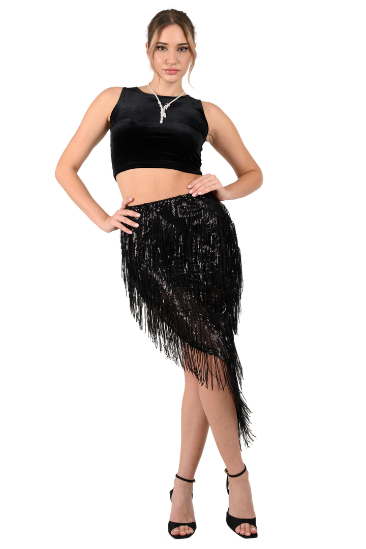 Black Sparkling Sequin Fringe Asymmetric Tango Skirt