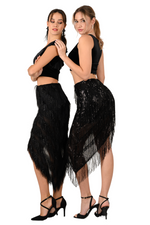 Load image into Gallery viewer, Black Sparkling Sequin Fringe Asymmetric Tango Skirt
