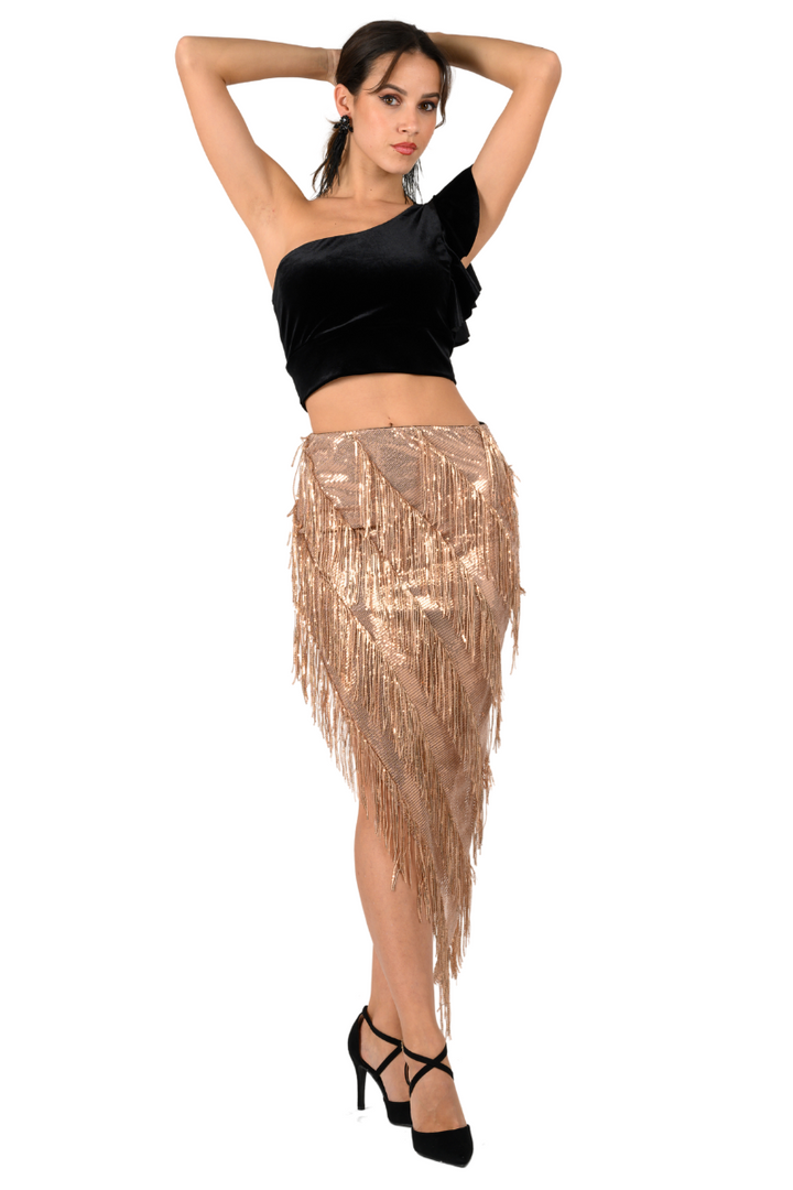 Rose Gold Sparkling Sequin Fringe Asymmetric Tango Skirt