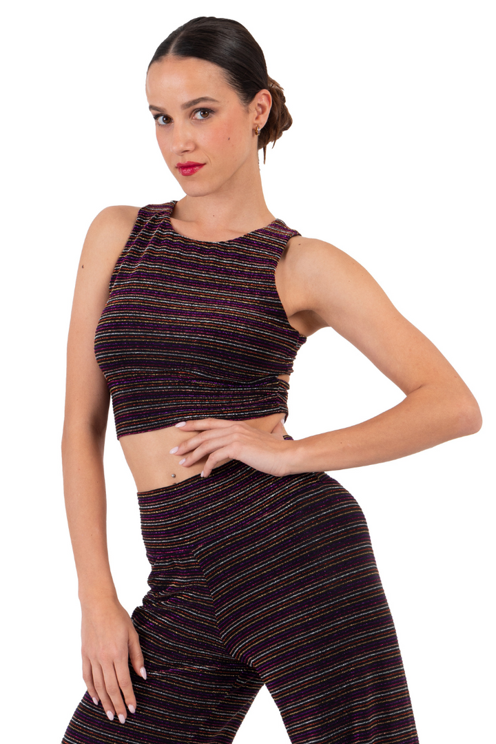Sparkling Striped Dance Crop Top With Cutouts