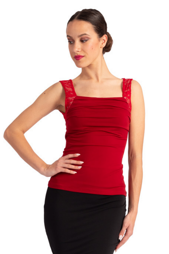 Square Neckline Top With Bust Gatherings And Lace Straps