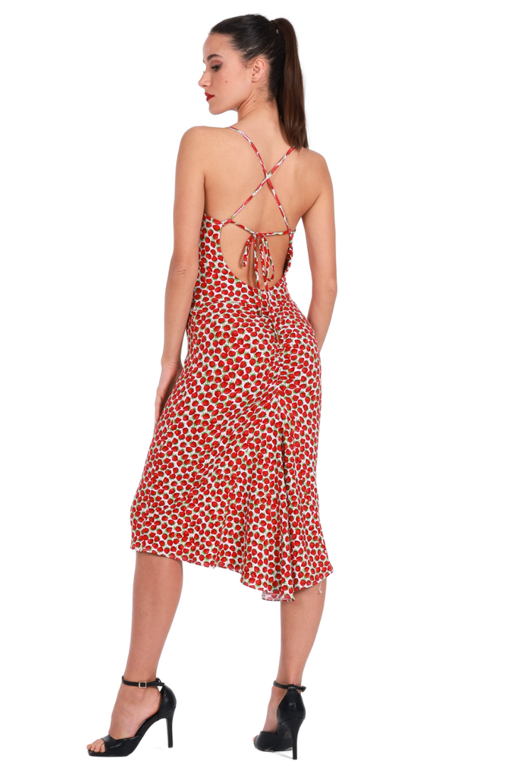 Strawberry Printed Fishtail Dress With Spaghetti Straps