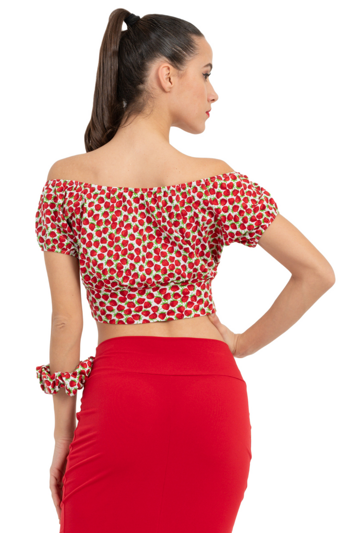 Strawberry Printed Mexican Style Off The Shoulder Crop Top